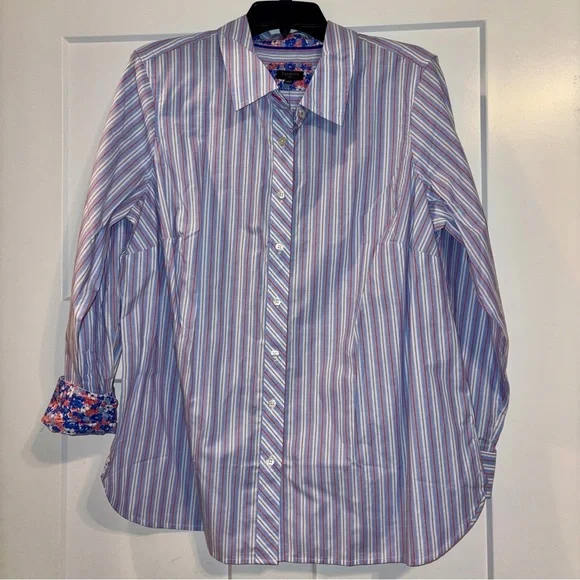 Talbots striped button down shirt w/ floral cuff Pink, Blue, White 1X NWT - Picture 2 of 7